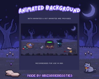 May include: A pixel art animated background featuring a night scene with a witch, a cauldron with green liquid, a cat, and a box of items. Text reads: ANIMATED BACKGROUND, BOTH ANIMATED & NOT ANIMATED ARE PROVIDED, RECOMMENDED FOR USE IN OBS, MADE BY @BIZARREBEASTIES.