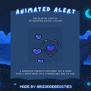 Peut inclure: Alerte animée avec un motif de cœur bleu, rose et violet. L'alerte est placée sur un fond de ciel nocturne avec un croissant de lune et un palmier. Le texte "ANIMATED ALERT" est en haut de l'image. Le texte "CAN ALSO BE USED AS AN ANIMATED DIGITAL STICKER" est sous l'alerte. Le texte "2 ANIMATED FORMATS PROVIDED: GIF & WEBM SIMPLY DRAG-DROP INTO STREAMLABS OBS TO USE!" est sous le texte de l'autocollant. Le texte "MADE BY @BIZARREBEASTIES" est en bas de l'image.