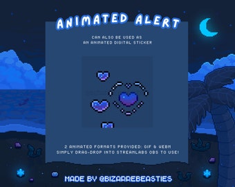 Cute Animated Stream Alert - Pixel Art Animated Twitch Alerts - Ocean Moonlight Stream Package, Purple Follower Alert : Bubble Hearts Theme