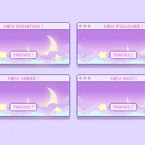 May include: Four pixel art style animated Twitch alerts with a purple and blue night sky background, a crescent moon, and stars. Each alert says "NEW [EVENT]!", where [EVENT] is either DONATION, FOLLOWER, CHEER, or HOST. Each alert also says "THANKS!" in a white box.