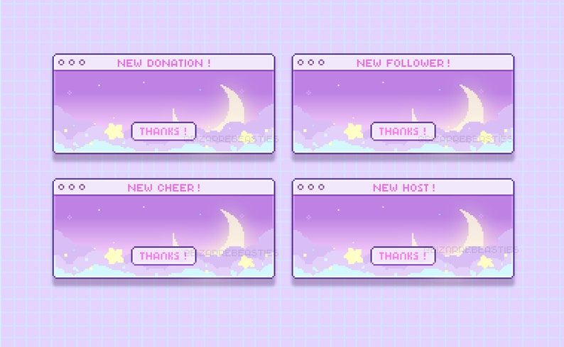 May include: Four pixel art style animated Twitch alerts with a purple and blue night sky background, a crescent moon, and stars. Each alert says "NEW [EVENT]!", where [EVENT] is either DONATION, FOLLOWER, CHEER, or HOST. Each alert also says "THANKS!" in a white box.