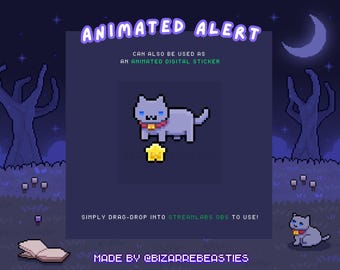 Puede incluir: Alerta animada con un gato azul con un collar rojo y una estrella amarilla. El texto "ANIMATED ALERT" está en la parte superior de la imagen. El texto "CAN ALSO BE USED AS AN ANIMATED DIGITAL STICKER" está debajo del gato. El texto "SIMPLY DRAG-DROP INTO STREAMLABS OBS TO USE!" está debajo del gato. El texto "MADE BY @BIZARREBEASTIES" está en la parte inferior de la imagen.