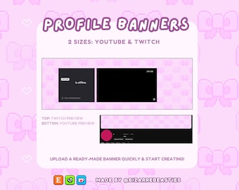 2 Pixel Art Profile Banners for Twitch, YouTube - Kawaii Pink Ribbon Bows Theme