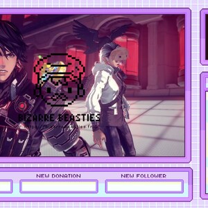 May include: A purple and white video game streaming overlay with a chatroom, a new subscriber, new donation, and new follower sections. The main image shows two characters from a video game in a pink and red room. The text "BIZARRE BEASTIES" is visible in the image.