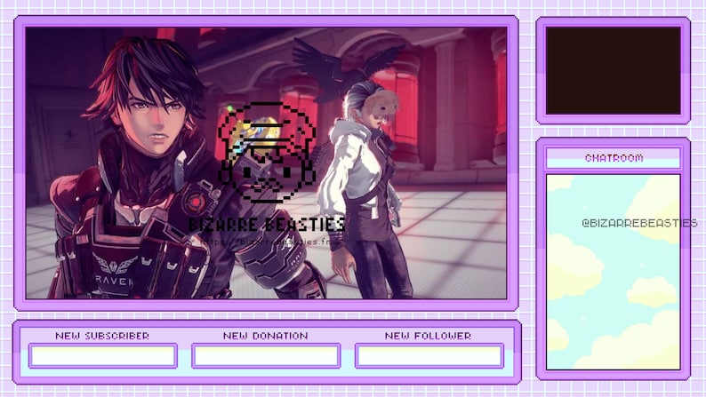 May include: A purple and white video game streaming overlay with a chatroom, a new subscriber, new donation, and new follower sections. The main image shows two characters from a video game in a pink and red room. The text "BIZARRE BEASTIES" is visible in the image.
