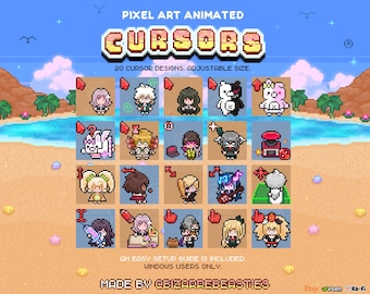 Kawaii Pixel Art Animated Mouse Cursors Pack | 20 Pointer Designs | Cozy School Game - Beach Episode Theme