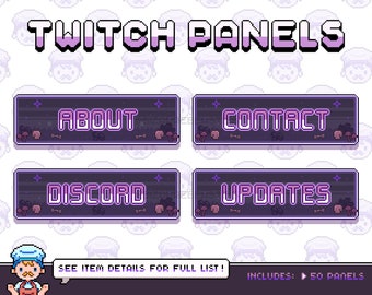 May include: A set of Twitch panels with a pixelated design. The panels are purple and black with white text. The text on the panels reads "About", "Contact", "Discord", and "Updates". The panels are surrounded by a pattern of pixelated chefs' hats.