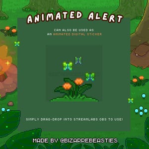 1 Animated Stream Alert for Twitch or YouTube - Cute Pixel Art Animation, Cozy Campfire Theme, OBS, Flower, Streamer Raid: Butterfly Party