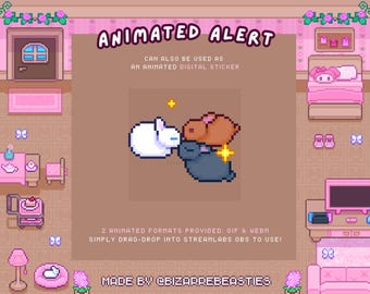 Puede incluir: Pegatina digital animada con tres animales pixelados: un conejo blanco, un carpincho marrón y una criatura azul oscuro. El texto dice "ANIMATED ALERT" y "TAMBIÉN SE PUEDE USAR COMO UNA PEGATINA DIGITAL ANIMADA".