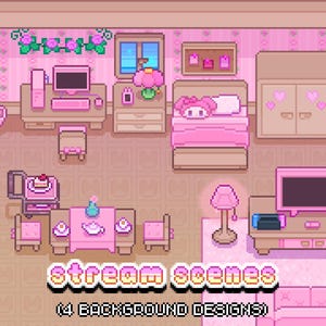 Scene animate in streaming con pixel art e sfondi Vtuber / 4 design: giorno, notte, pioggia, tramonto / Stile videogioco / Tema camera da letto rosa zuccheroso
