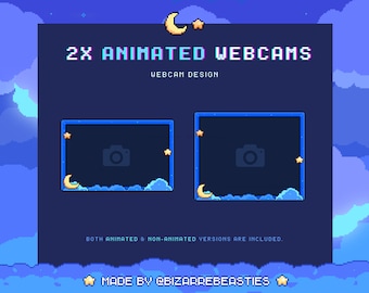 May include: Two animated webcam overlays with a blue frame, a crescent moon, stars, and a camera icon. The text "2X ANIMATED WEBCAMS" and "WEBCAM DESIGN" is displayed above the overlays. The text "BOTH ANIMATED & NON-ANIMATED VERSIONS ARE INCLUDED." is displayed below the overlays. The text "MADE BY @BIZARREBEASTIES" is displayed at the bottom of the image.