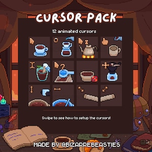 May include: A digital illustration of a cursor pack with 12 animated cursors featuring a coffee theme. The cursors are displayed in a grid with a brown background. The text "CURSOR PACK" is at the top of the image, and the text "12 animated cursors" is below it. The text "Swipe to see how to setup the cursors!" is at the bottom of the image. The text "MADE BY @BIZARREBEASTIES" is at the bottom of the image.