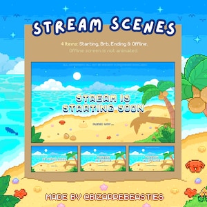 4x Cute Pixel Art Animated Twitch Stream Scenes - Stream is Starting, Ending, Be Right Back, Offline Banners, Tropical ~ Summer Beach Theme