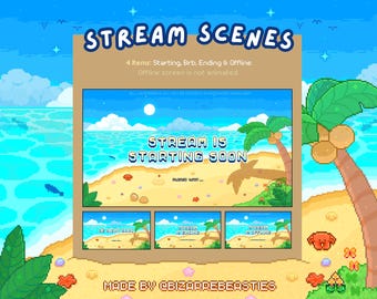 4x Cute Pixel Art Animated Twitch Stream Scenes - Stream is Starting, Ending, Be Right Back, Offline Banners, Tropical ~ Summer Beach Theme