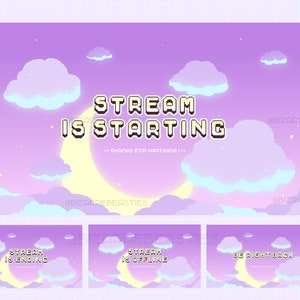 May include: A purple and blue pixel art style Twitch stream overlay with a crescent moon and clouds. The text "STREAM IS STARTING" is displayed in a pixel font. The text "THANKS FOR WATCHING!" is displayed below the main text.