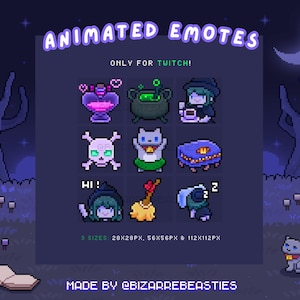 May include: A set of animated Twitch emotes featuring a cauldron, a potion bottle, a skull, a cat, a table, a witch, a broom, and a sleeping cat. The emotes are in a pixelated style and come in three sizes: 28x28px, 56x56px, and 112x112px. The emotes are made by @BizarreBeasties.