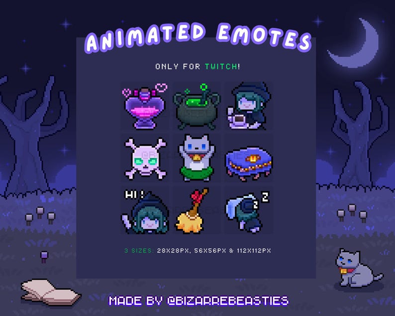 May include: A set of animated Twitch emotes featuring a cauldron, a potion bottle, a skull, a cat, a table, a witch, a broom, and a sleeping cat. The emotes are in a pixelated style and come in three sizes: 28x28px, 56x56px, and 112x112px. The emotes are made by @BizarreBeasties.