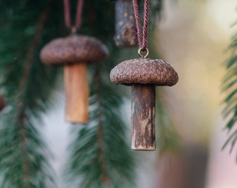 Set of 10 acorn caps & wood mushrooms, Natural real Christmas Yule ornament, Woodland pagan toadstool decoration, Handmade cottagecore lover