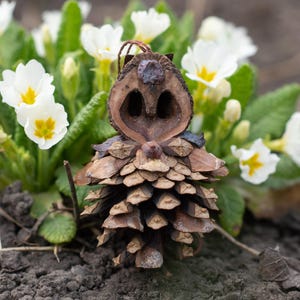 LISOVÁ woodland figurine, Handmade OOAK whimsical ornament, Walnut shell & Pinecone forest fairy, Owl inspired character, Unusual creature