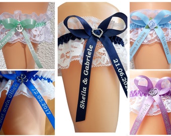 Garter with personalization and without from S-XXL sizes. White Lace 25 Colors Lettering Blue Pink Purple Red Name Date Custom Made