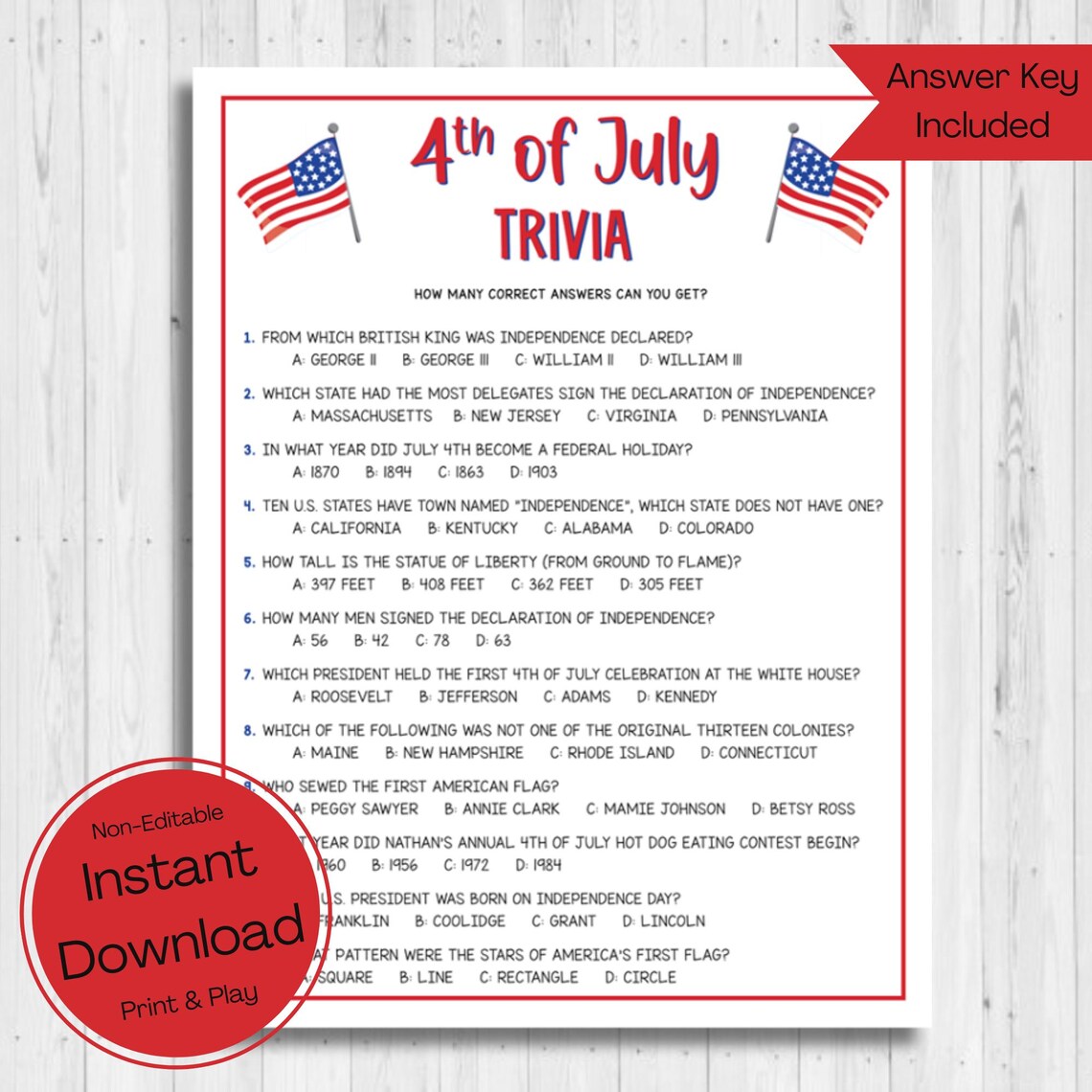 INSTANT DOWNLOAD 4th of July Trivia Game Printable - Independence Day ...