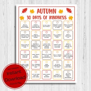 INSTANT DOWNLOAD Autumn 30 Days of Kindness Printable - Autumn Game ...