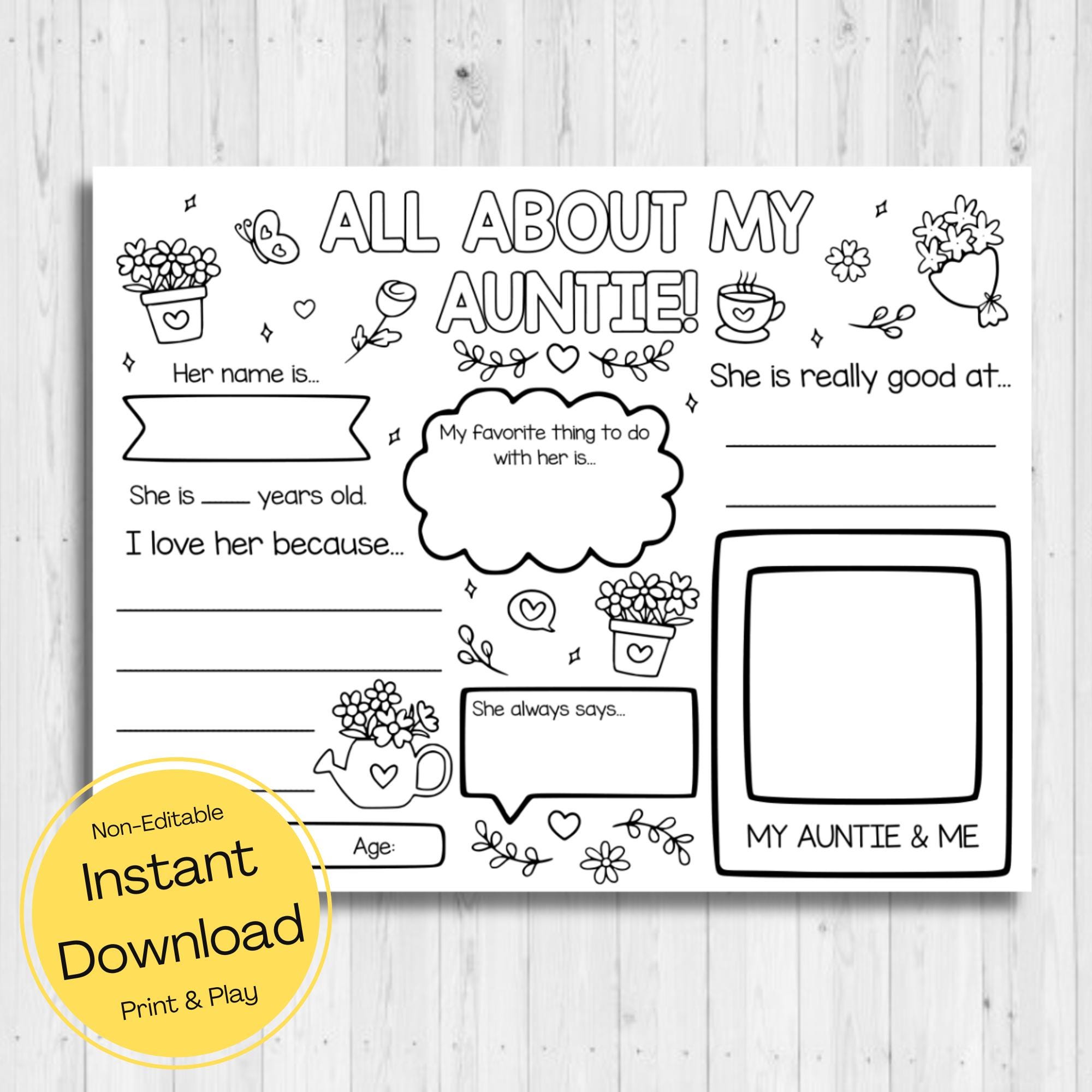 INSTANT DOWNLOAD All About My Auntie Printable Auntie Gift
