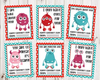 May include: Six printable Valentine's Day cards featuring colorful monster illustrations and cute messages. The cards have a red and teal chevron pattern border.