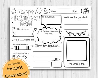 May include: A printable black and white birthday card for a dad. The card has a space to write the dad's name, age, favorite things, and a place for a photo. The card also has a space for the person giving the card to write their name and a message.