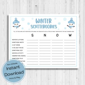INSTANT DOWNLOAD Winter Scattergories Printable Game - Winter Game Printable - Winter Activity Printable - Winter Word Game - Snow Day Game