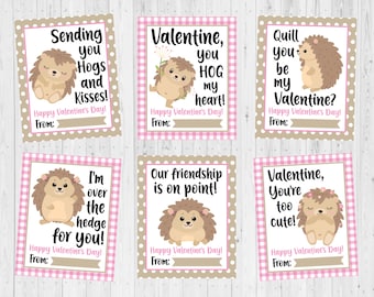 May include: Set of six printable Valentine's Day cards featuring cute hedgehog illustrations and puns. Each card has a pink and white gingham background and a brown border. The text on the cards includes phrases like "Sending you Hogs and Kisses!" and "Valentine, you're too cute!"