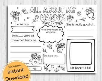 INSTANT DOWNLOAD - All About My Nanny Printable - Grandparent's Day Printable - Grandparent's Day Questionnaire - Birthday Gift For Grandma