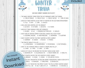 May include: A printable winter trivia game featuring a blue and white snowman illustration. The game includes questions about winter, such as the origin of the word "winter", winter months in the Southern Hemisphere, and the average speed of a snowflake.
