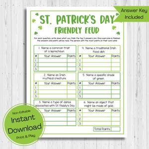 Könnte beinhalten: Druckbares St. Patrick's Day Friendly Feud Spiel mit grünen Kleeblatt-Akzenten. Das Spiel enthält sechs Fragen mit jeweils drei Antwortfeldern. Das Spiel enthält eine Punkte-Spalte für jede Frage und einen Bereich für die Gesamtpunkte am Ende.