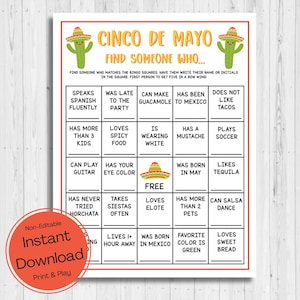 DOWNLOAD INSTANTÂNEO Cinco De Mayo Mix & Mingle Bingo para impressão - Jogo quebra-gelo Cinco De Mayo para impressão - Cinco De Mayo Encontre alguém que