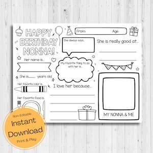 DOWNLOAD INSTANTÂNEO - Página para colorir de feliz aniversário, Nonna - Cartão de feliz aniversário, Nonna - Tudo sobre minha Nonna para impressão - Aniversário da Nonna
