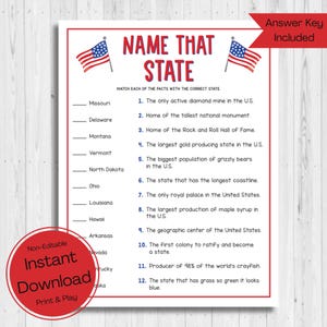 INSTANT DOWNLOAD 4th of July Trivia Game Printable - Independence Day Game Printable - 4th of July - Name That State Game