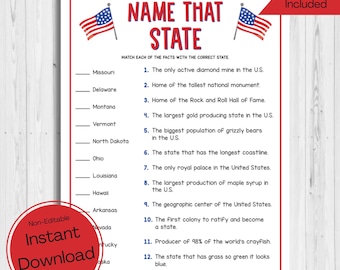 INSTANT DOWNLOAD 4th of July Trivia Game Printable - Independence Day Game Printable - 4th of July - Name That State Game