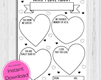 INSTANT DOWNLOAD - What I Love About You Printable - Classroom Valentine Printable - Why I Love You Coloring Sheet - Love Coloring Sheet