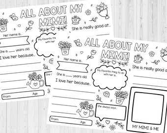 INSTANT DOWNLOAD - All About My Mimi Printable - Grandparent's Day Printable - Grandparent's Day Questionnaire - Birthday Gift For Grandma