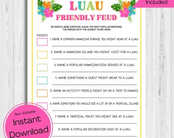 INSTANT DOWNLOAD Luau Friendly Feud Game Printable - Luau Game - Luau Party Game - Luau Survey Says Game - Luau Printable Game