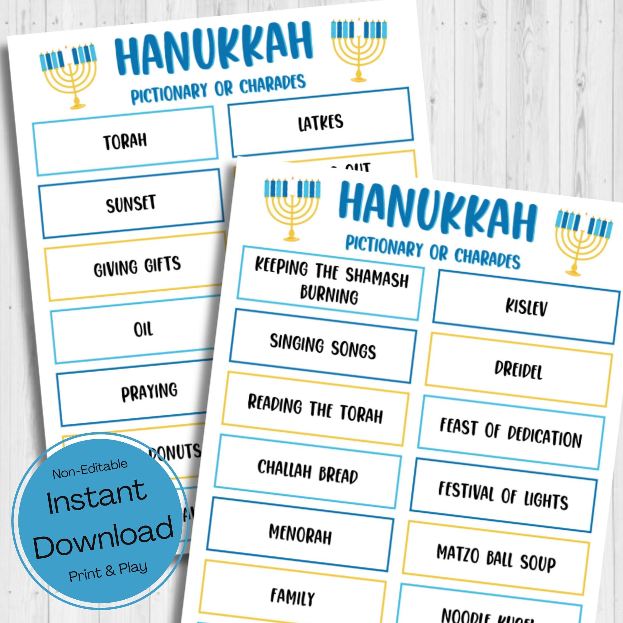 INSTANT DOWNLOAD Hanukkah Pictionary or Charades Printable - Holiday ...