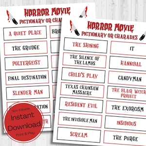 May include: Two printable sheets for a horror movie themed Pictionary or Charades game. The sheets feature a red and black color scheme with movie titles like "The Shining" and "Scream". Includes the text "Instant Download".