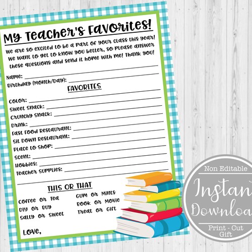 Teacher #39 s Favorite Things Printable Teacher Questionnaire Etsy