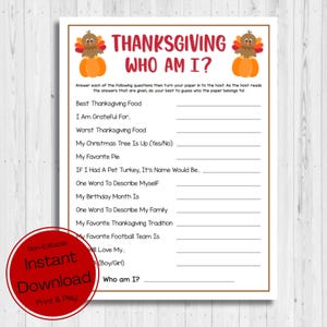 INSTANT DOWNLOAD Thanksgiving Who Am I Printable - Autumn Game ...