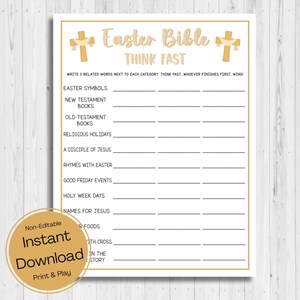 INSTANT DOWNLOAD Easter Bible Think Fast Game Printable - Church Easter Party Game - Easter Activity Printable - Easter Story Word Game