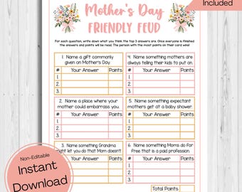 INSTANT DOWNLOAD Mother's Day Friendly Feud Game Printable - Mother's Day Game Printable - Mother's Day Party Game - Mother Friendly Feud