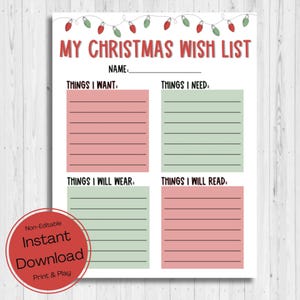 SOFORTIGER DOWNLOAD Weihnachtswunschliste zum Ausdrucken - etwas, das Sie wollen - etwas, das Sie brauchen - etwas zum Anziehen - etwas zu lesen
