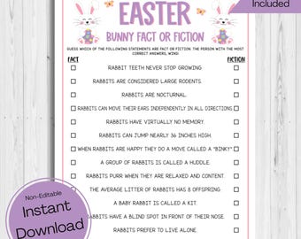 INSTANT DOWNLOAD Easter Bunny Trivia Game Printable - Easter Game Print - Easter Trivia Game - Easter Party Game - Rabbit Fact Or Fiction