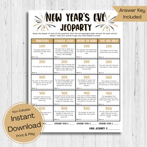 INSTANT DOWNLOAD New Year&#39;s Jeoparty Game Printable - Holiday Game Printable - New Year&#39;s Eve Printable - New Year&#39;s Eve Jeoparty Game